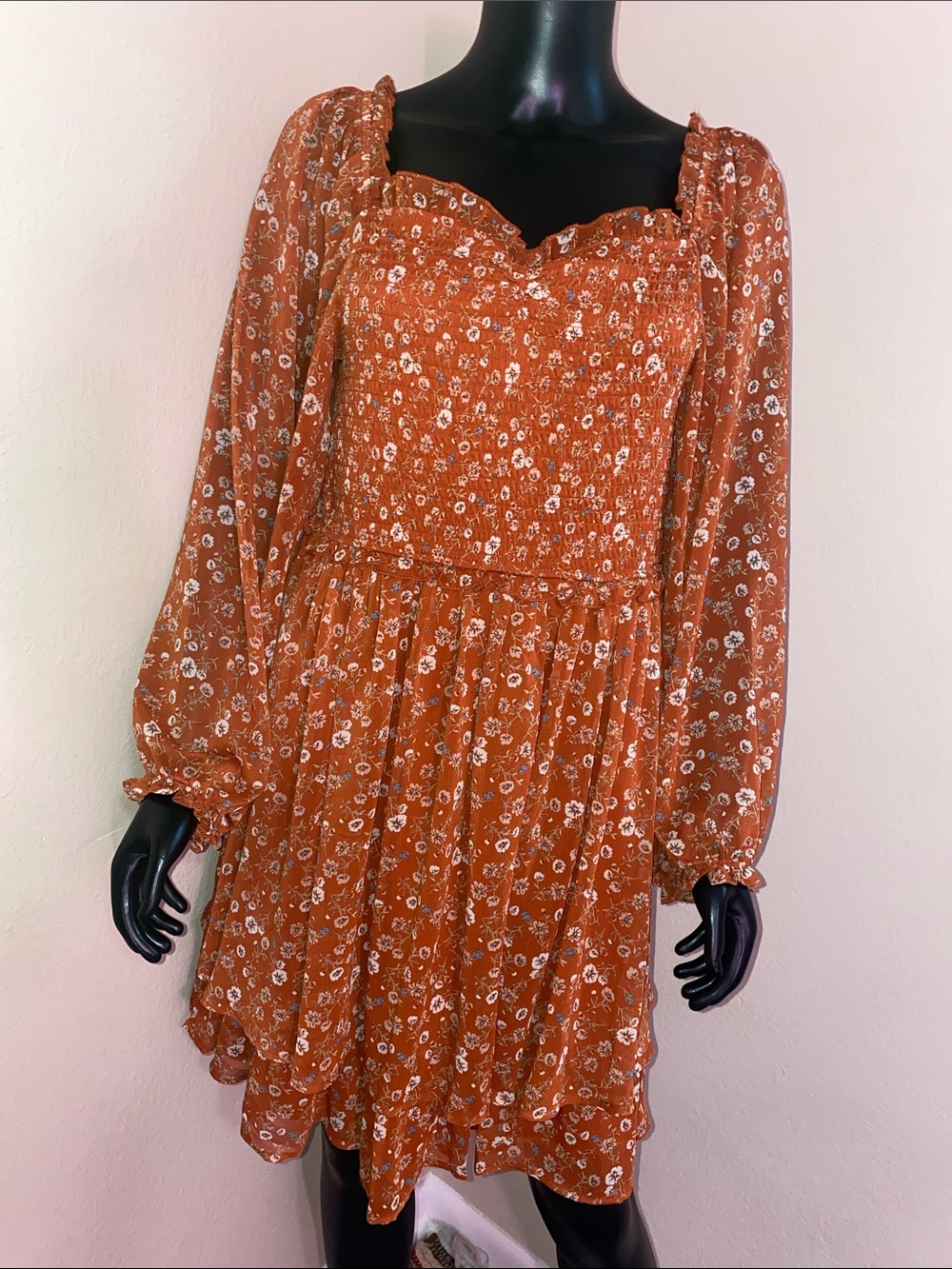 Altar'd State Rust Orange Floral Smocked Tiered Sheer Ruffle Mini Dress